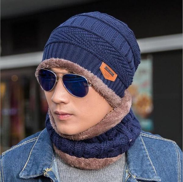 

hats, scarves & gloves sets women hat and scarf set fall winter chunky knit fleece lining beanies skullies men snood shawl bonnet 2pcs colla, Blue;gray