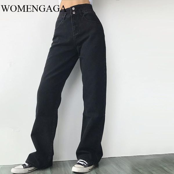 

womengaga 2020 autumn winter new two-button high waist slimming straight wide leg jeans pants trousers denim for women j59p, Blue
