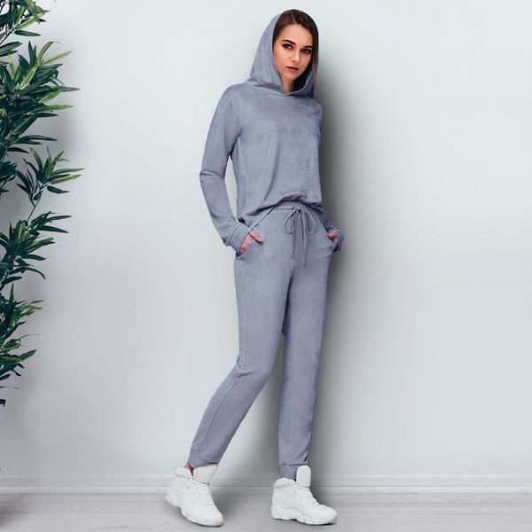 

ook grey suede womens suits two piece 2021 winter autumn long sleeve hooded pullover long pants casual women's tracksuits1, White