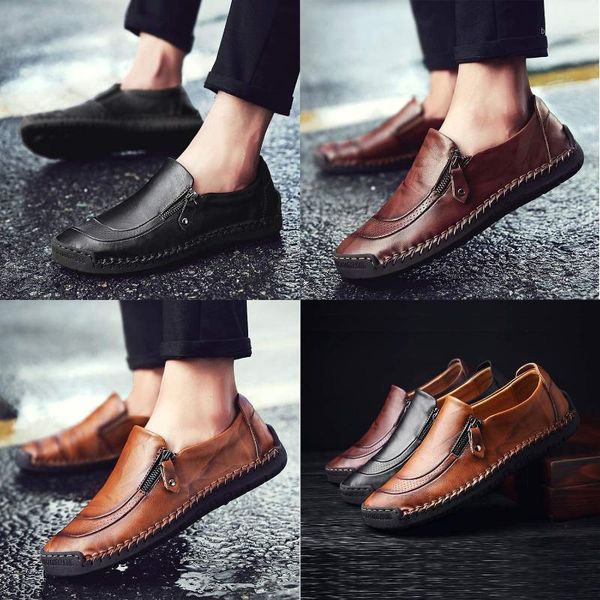 

men's casual leather hand stitching zipper slip on loafers soft comfortable oxford walking driving shoes1, Black