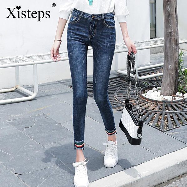 

xisteps women casual ankle length slim fit stretch jeans girl skinny female washed leggings blue denim skinny pencil pants