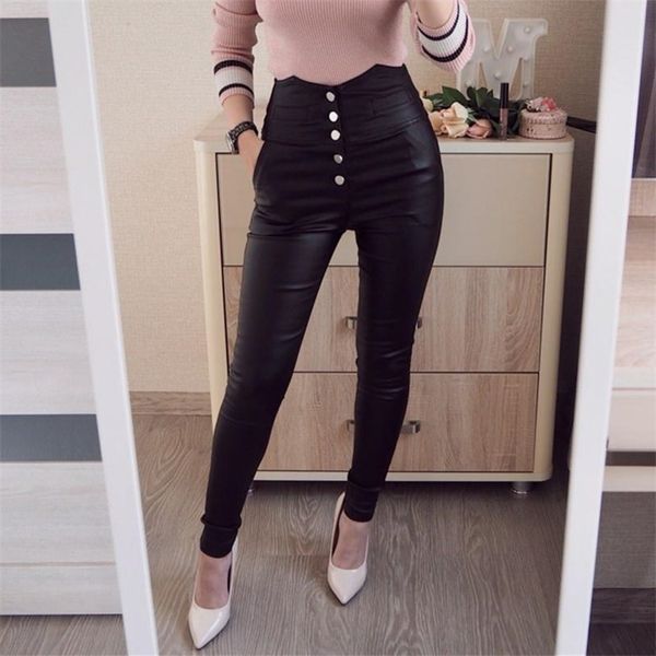 

autumn winter 2020 new black pu leather pants women velvet pants button stretch skinny trousers pencil leather leggings female lj201103, Black;white