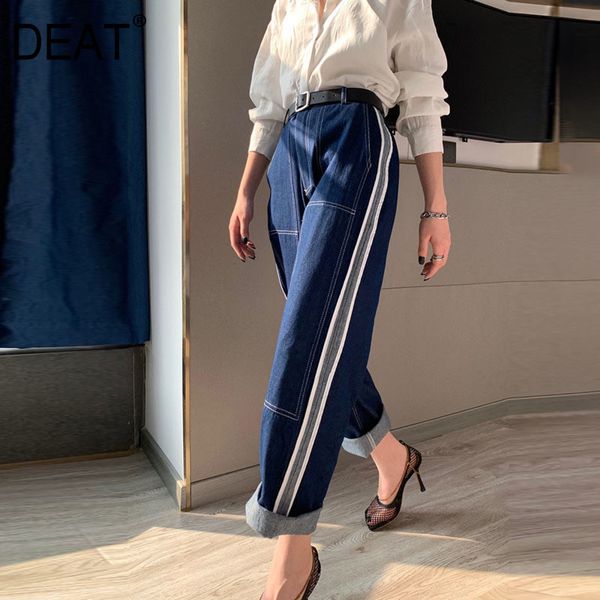 

[deat] new fashion trousers high waisted women's jeans denim vintage wide leg loose wild straight striped classic ap800 201105, Blue
