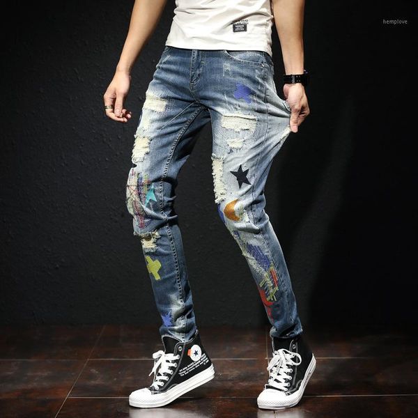 

wholesale 2020 teenagers men's embroidery patch ripped autumn jeans men's korean trend small feet slim casual pants beggar1, Blue