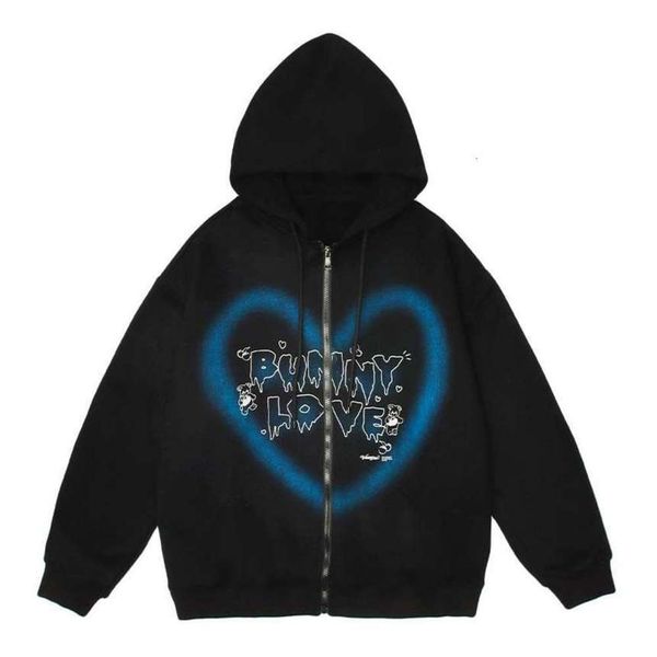 

hooded hart print complete rits fleece jacket jassen hip hop casual streetwear heren harajuku mode uitloper, Black