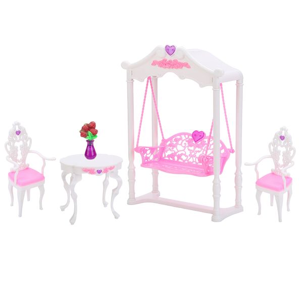 

doll-house pink furniture, mini plastic living room furniture set, pink princess swing park garden doll model