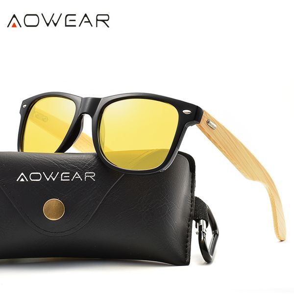 

aowear bamboo square sunglasses women polarized night vision yellow lady girl fashion vintage sun glasses gafas de sol, White;black