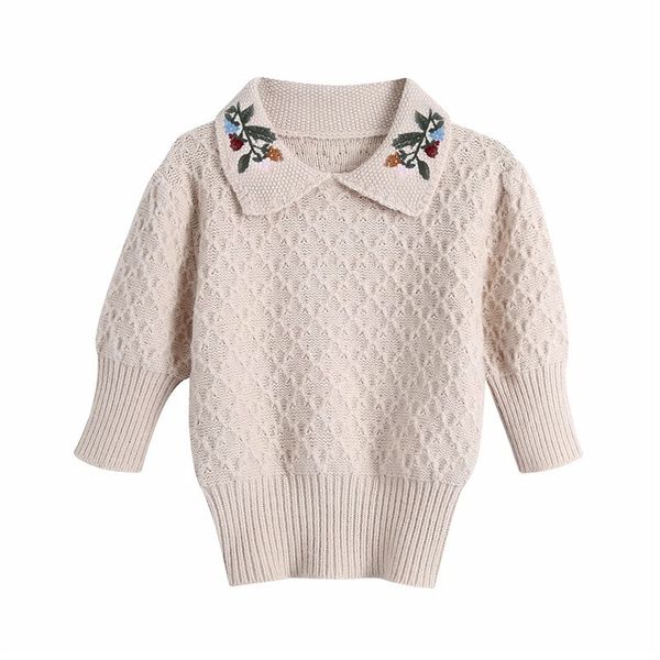 

2021 new embroidered fashion women's sweaters vintage peter pan collar short puff sleeve cropped jersey pullovers woman cute x80y, White;black