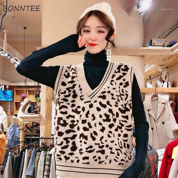 

women's vests women leopard v-neck elegant ladies knitting all-match loose 2xl korean chic harajuku womens pullover fashion1, Black;white