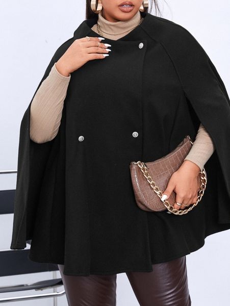 

plus solid button detail cape coat d12k#, Black