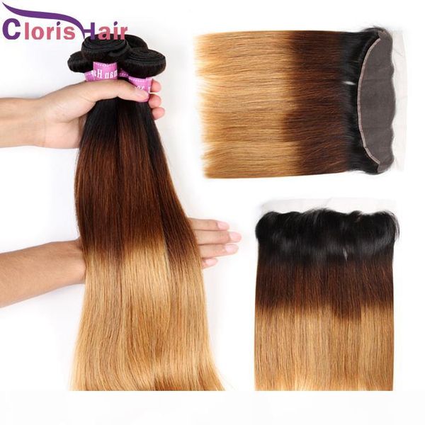 

3 tone blonde malaysian virgin ombre human hair bundles with closure ear to ear 13x4 full lace frontals 1b 4 27 colored weaves closure, Black;brown