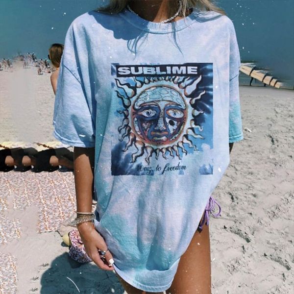 

sublime shirt abstract sun printed blue tie dye loose plus size t shirt 2020 summer streetwear women short sleeve tye dye s, White