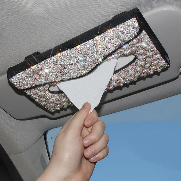 

crystal pearl car tissue box sun visor camellia auto tissue bag sun visor hanging holder case napkin for car accessories1
