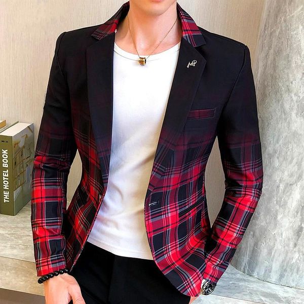 

2020 spring new colorblock plaid blazer men slim casual man blazers wedding business party clothing dress men coats, White;black