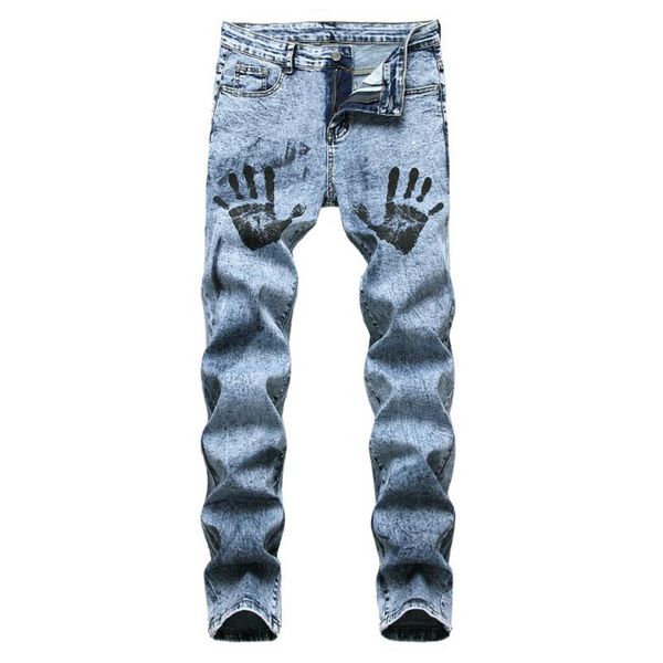

men's jeans hands palms print fashion light blue snow washed slim straight stretch denim pants trousers