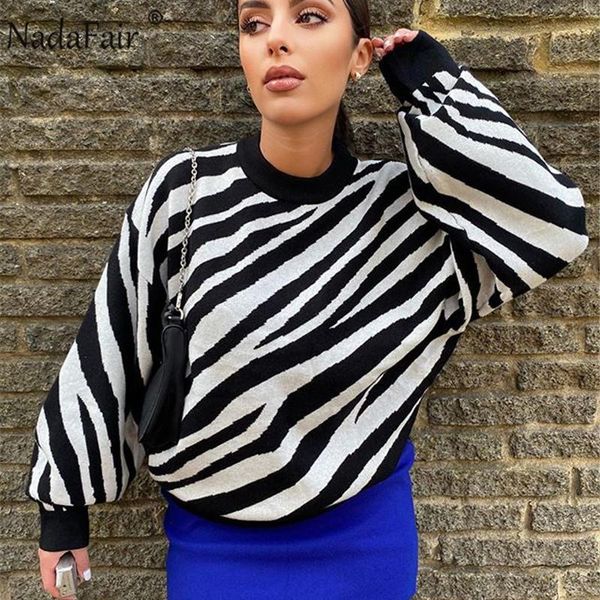 

nadafair o neck zebra sweater womenfashion vintage animal print fall winter knitted jumper casual pullover long sleeve knitwear, White;black