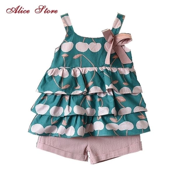 

kids clothes sets summer cute girls clothing printed cherry cake vest + pink shorts 2 pcs suit for3-7 year children y200325, White