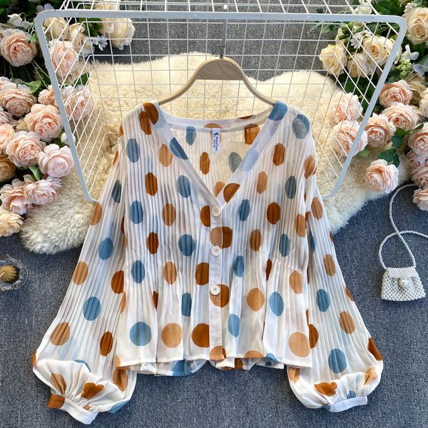 

2021 new singiny plissado dot women's blouses neck puff single breasted cardigan chic autumn streetwear blouse w0zd, White