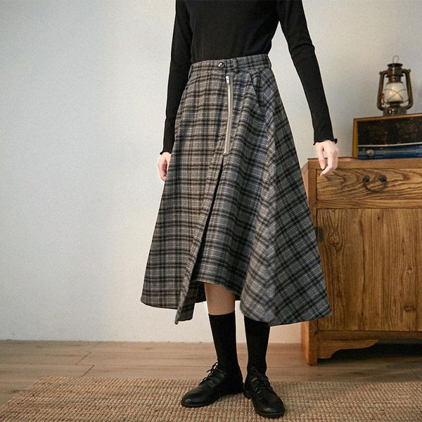 

skirts irregular gjcp japanese vintage plaid wool long autumn/winter 2021 england the wind a-line skirt, Black
