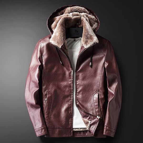 

2021 new arrival from pu leather jackets warm men's spectacle solid hood slim fit coat with k207 sllj, Black