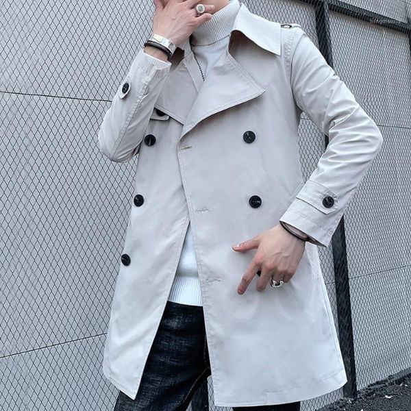 

cotton/thicken] autumn men's solid color slim medium long windbreaker double-breasted coat warm jacket1, Tan;black