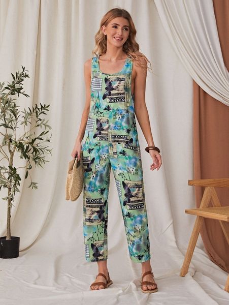 

emery rose letter & insect print tank jumpsuit l03l#, White