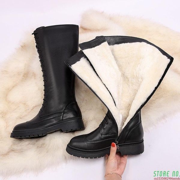 

boots 2021 genuine leather women shoes lace up warm winter nature sheep wool mid calf ladies botas, Black