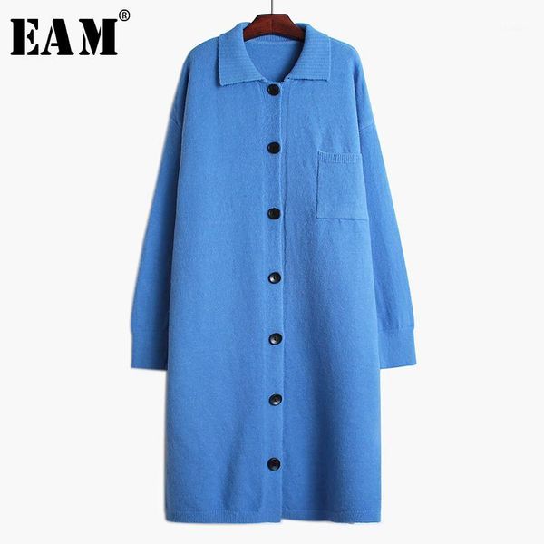 

eam] women multicolor single breasted knitting dress new lapel long sleeve loose fit fashion tide spring autumn 2019 19a-a7191, Black;gray