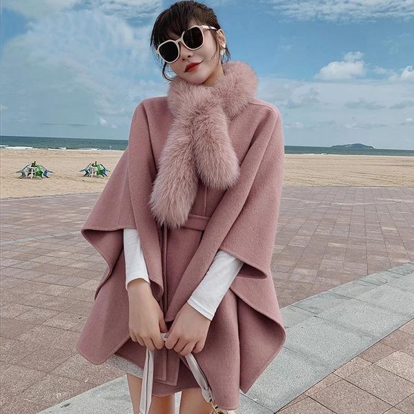 

women's fur & faux winter wool cashmere coat cloaks& shawl with belt plus size coats for women 2021, Black