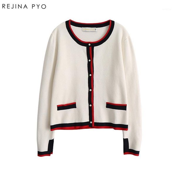 

biaoruina 2020 spring new arrival women chic cardigans pearl decoration buttons knitted open stitch color hit casual outerwear1, White
