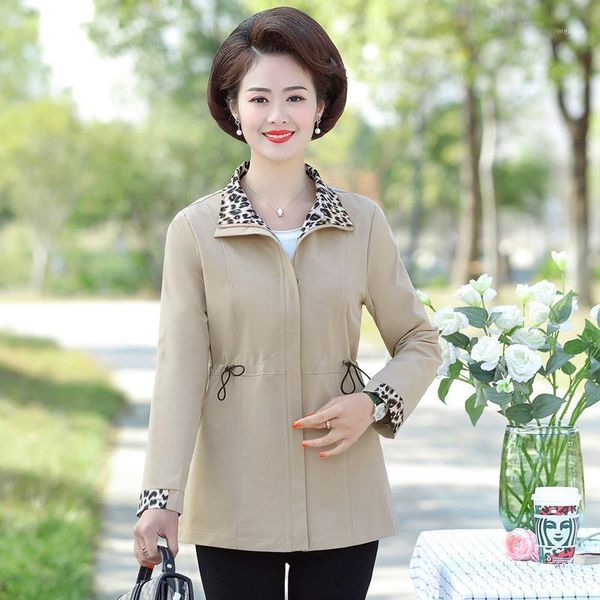 

2020 middle-aged women windbreaker spring autumn jacket coat long-sleeved zipper leopard plus size casual outerwear & coats1, Black;brown