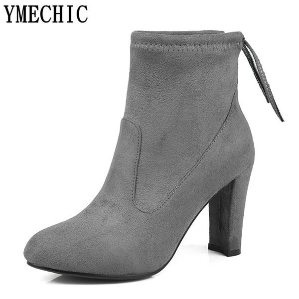 

boots ymechic 2021 spike high heel flock ankle womens lace up size 41 42 43 gray black riding women autumn shoes lady