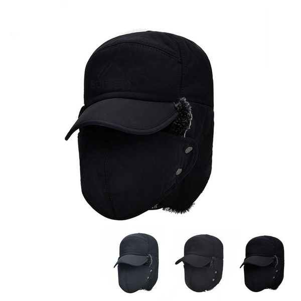 

winter balaclava thermal bomber hats men women fashion ear protection face windproof ski cap velvet thicken couple hat russian, Black