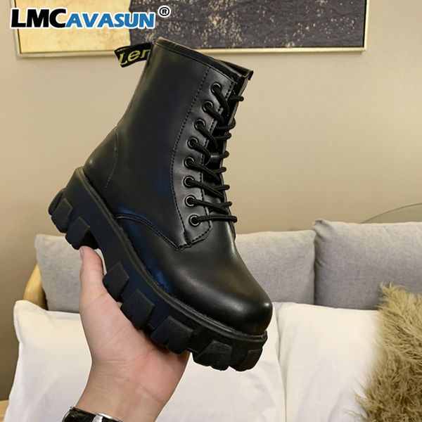 

lmcavasun new fashion european style ankle flats round toe black lace-up boots woman platform patent leather shoes