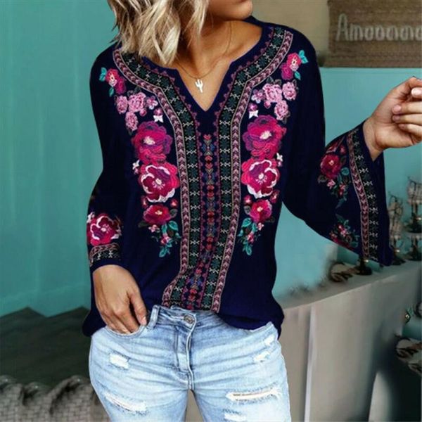 

women floral print v neck long sleeve blouse autumn women casual shirt purple black flower ladies and blouses, White