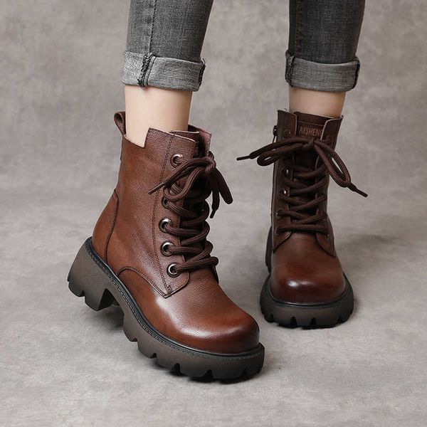 

2021 autumn and winter leather handsome british style manual round head side zipper flat heel light martin single bare boots, Black