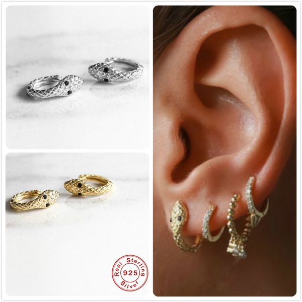

real 925 silver для женщин золото змея серьги девушки подарков уха bone пирсинг серьги punk женский small hoop aretes r5, Black