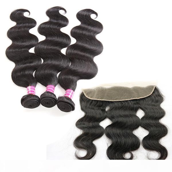 

brazilian virgin human hair body wave straight 3 bundles with 13x4 lace frontal ear to ear hair weave closure, Black;brown