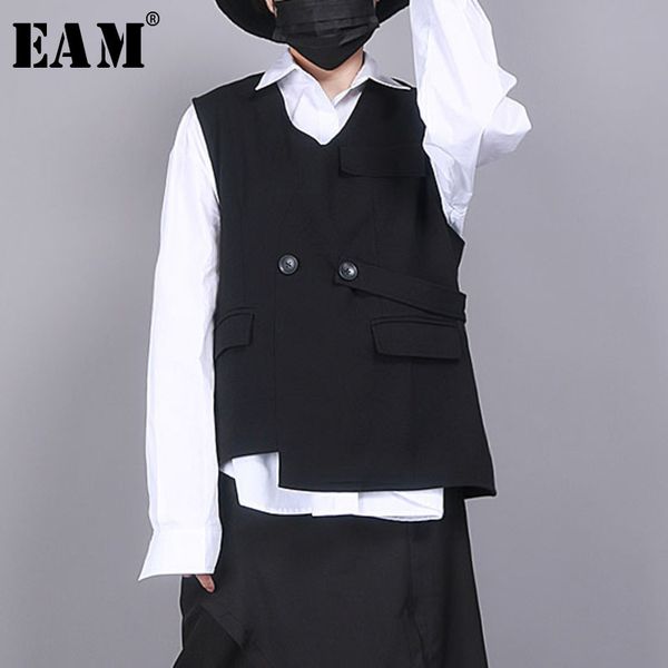 

[eam] women loose fit black asymmetrical split big size vest new v-collar sleeveless fashion tide spring autumn 1r853 210204, Black;white