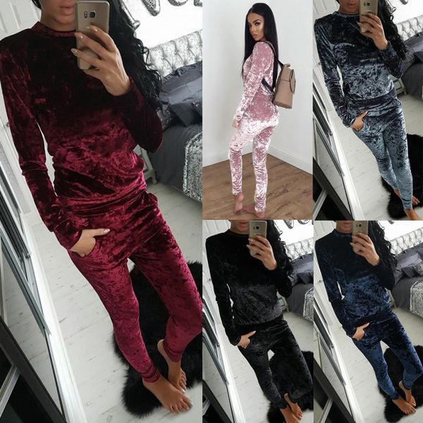 

new trends eur us style women velour velvet sport wear casual tracksuits women solid sport suit costume 2pc set, Gray