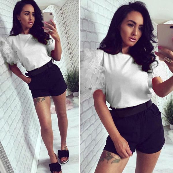 

ladies blouses puff sleeve patchwork mesh spliced shirt women cropped tube loose baggy casual blouse shirts fashion, White