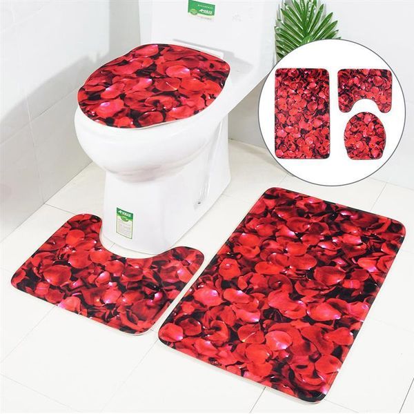 

3 pieces bath rug set rose petals toilet floor contour mat toilet lid covers non-slip bathroom floor mat1