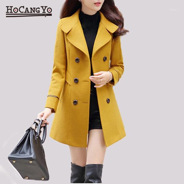 

hcyo autumn winter women wool coats jackets double breasted slim outwear coat womens bodycon long overcoat casaco feminino1, Black