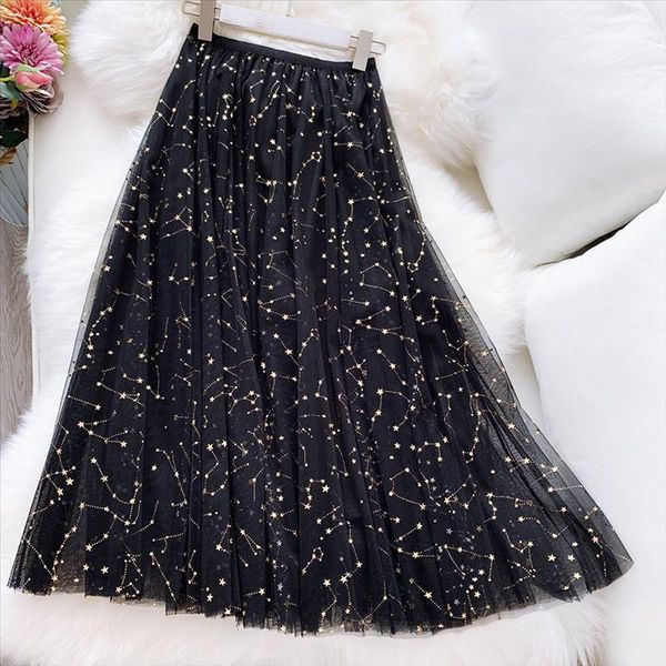 

women pretty tulle long skirt wf0013 spring summer sparkling star swing sequin tule black blue pink skirt