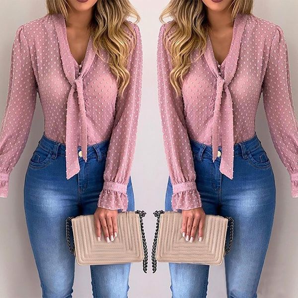 

women new fashion elegant chiffon blouses long sleeve v-neck shirt office blouse slim casual female polka dot top, White