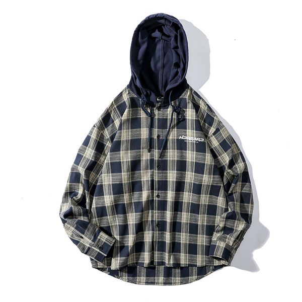 

2021 new brand england style hip hop streetwear casual plaid shirt men's long sleeve with hooded clothing zowq, White;black