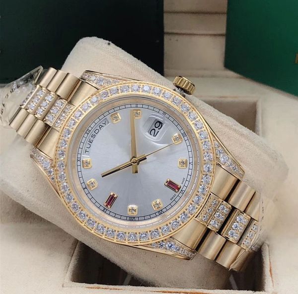 

folding automatic quality men's 41mm fashion week mechanical row watch calendar diamond stainless steel men's clasp waterproof hig, Slivery;brown