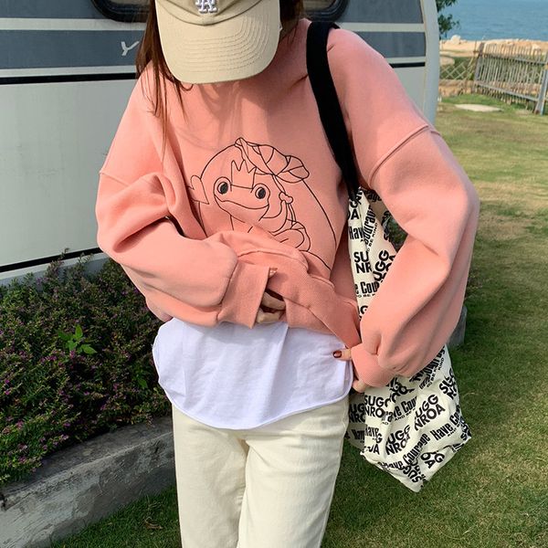 

huang zheng's cute cartoon embroidered round neck and velvet sweater women's 2020 winter korean loose age reducing w78445, Black