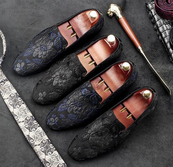 

youth men new fashion single shoes male flower dress shoes male summer round toes flat slip on loafers ing, Black