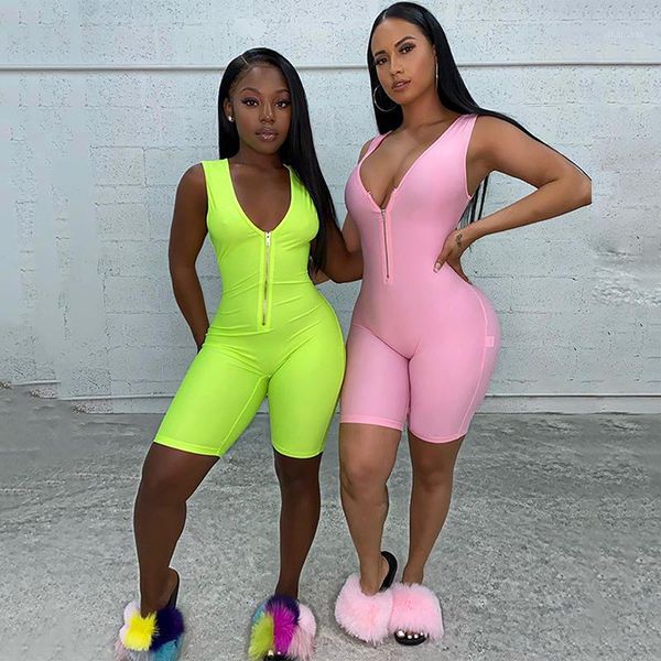 

fashion design women deep v-neck bodycon jumpsuit shorts playsuits yellow sleeveless front zipper ladies charming rompers spring1, Black;white